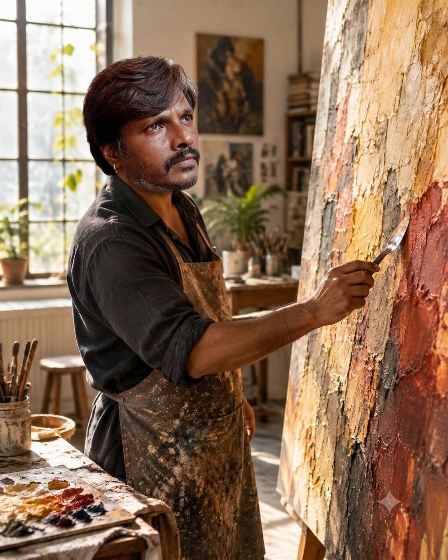 Artist Jotiba Patil making palette knife acrylic painting at Kalyan studio